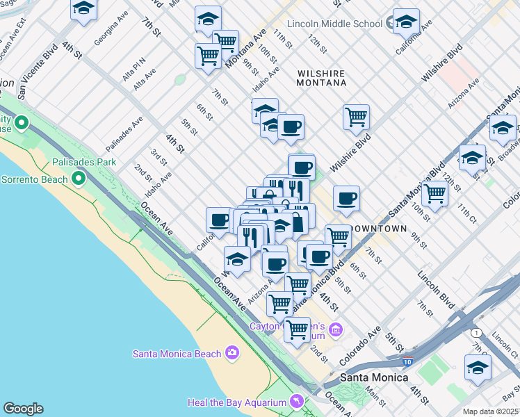 map of restaurants, bars, coffee shops, grocery stores, and more near 401 Wilshire Boulevard in Santa Monica