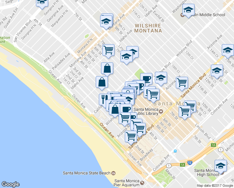 map of restaurants, bars, coffee shops, grocery stores, and more near in Santa Monica