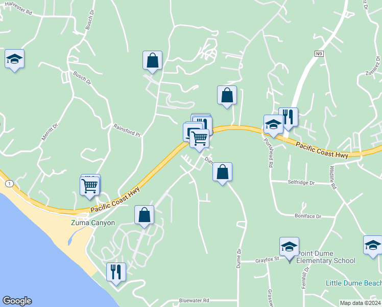 map of restaurants, bars, coffee shops, grocery stores, and more near 29229 Heathercliff Road in Malibu