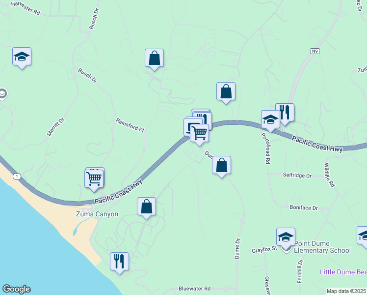 map of restaurants, bars, coffee shops, grocery stores, and more near 29239 Heathercliff Road in Malibu