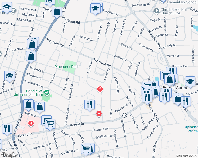 map of restaurants, bars, coffee shops, grocery stores, and more near 2838 Ashton Street in Columbia