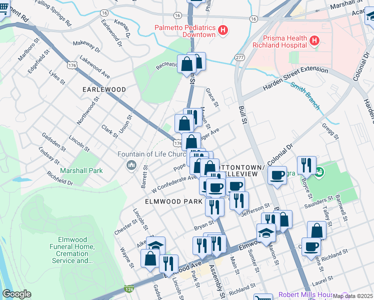 map of restaurants, bars, coffee shops, grocery stores, and more near in Columbia