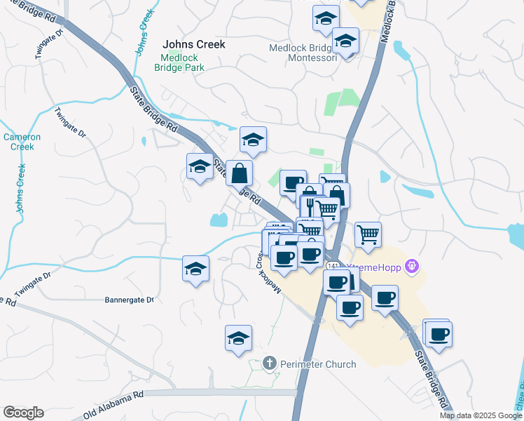 map of restaurants, bars, coffee shops, grocery stores, and more near 5654 Lawley Road in Alpharetta