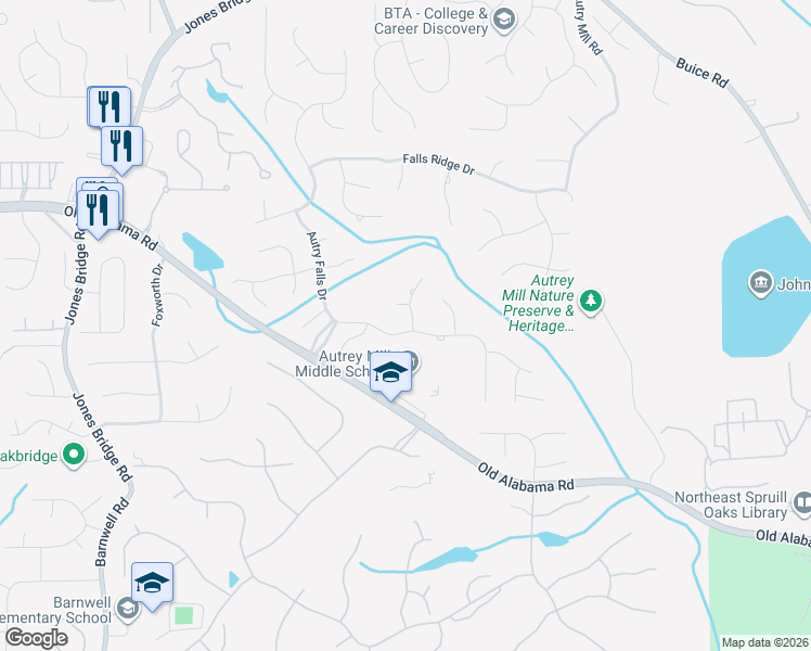 map of restaurants, bars, coffee shops, grocery stores, and more near 100 Windlake Cove in Alpharetta