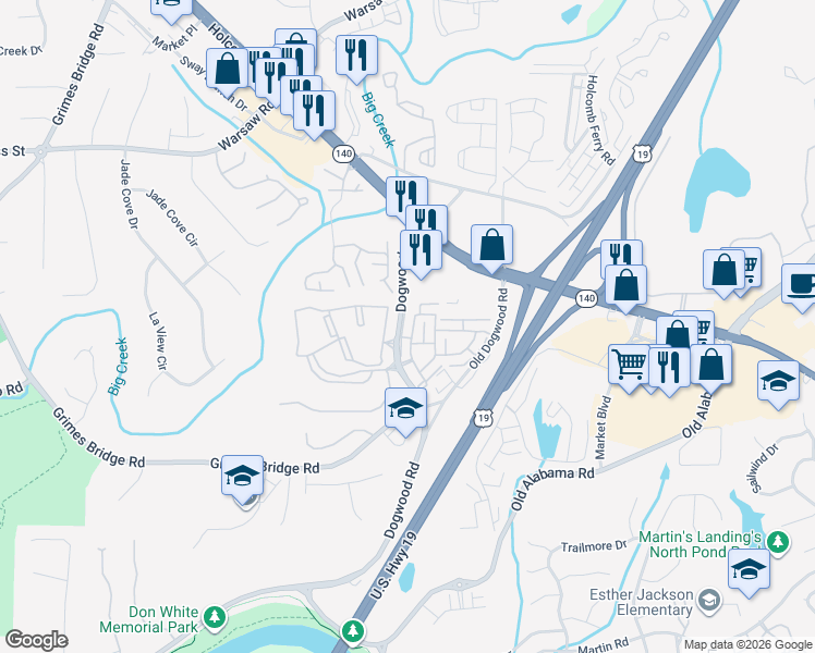 map of restaurants, bars, coffee shops, grocery stores, and more near 1065 Merrivale Chase Lane in Roswell