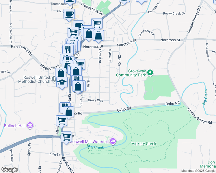 map of restaurants, bars, coffee shops, grocery stores, and more near 785 Myrtle Street in Roswell