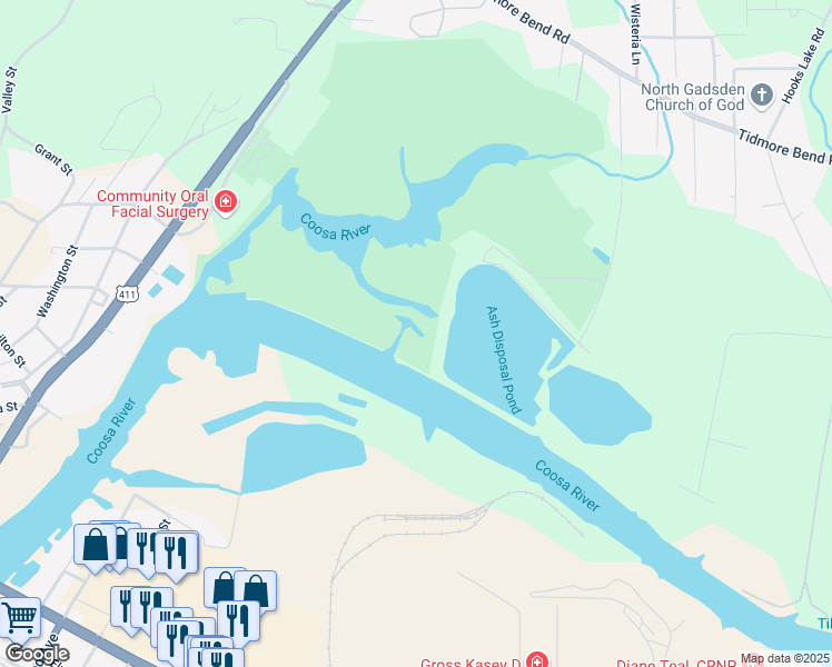 map of restaurants, bars, coffee shops, grocery stores, and more near 901 Riverbend Drive in Gadsden