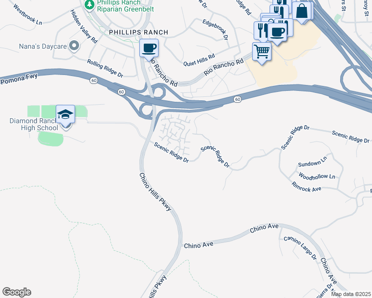 map of restaurants, bars, coffee shops, grocery stores, and more near 18 Wildflower Place in Pomona