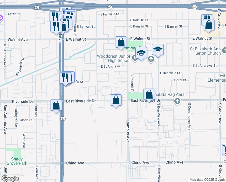 map of restaurants, bars, coffee shops, grocery stores, and more near 602 Dunes Court in Ontario