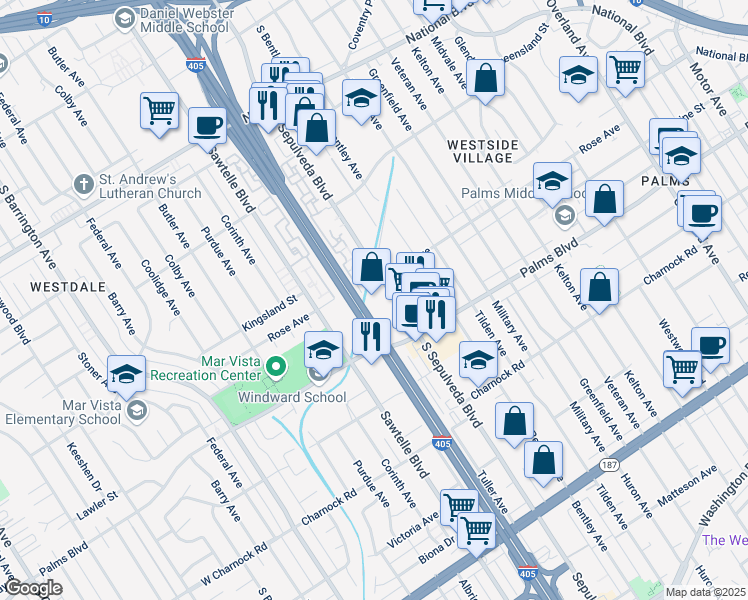 map of restaurants, bars, coffee shops, grocery stores, and more near 3415 South Sepulveda Boulevard in Los Angeles