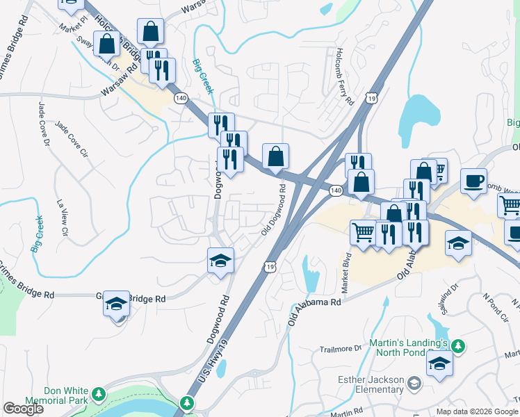 map of restaurants, bars, coffee shops, grocery stores, and more near 2048 Heathermere Way in Roswell
