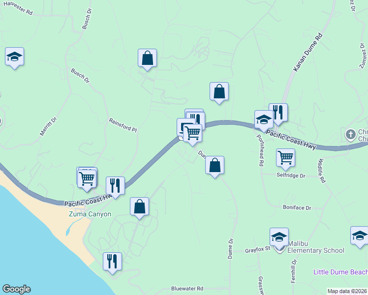 map of restaurants, bars, coffee shops, grocery stores, and more near 29229 Heathercliff Road in Malibu