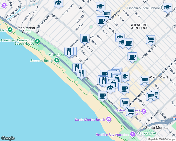 map of restaurants, bars, coffee shops, grocery stores, and more near 950 2nd Street in Santa Monica