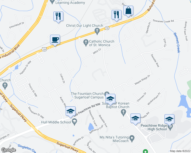 map of restaurants, bars, coffee shops, grocery stores, and more near 3530 Stately Oaks Lane Northwest in Duluth