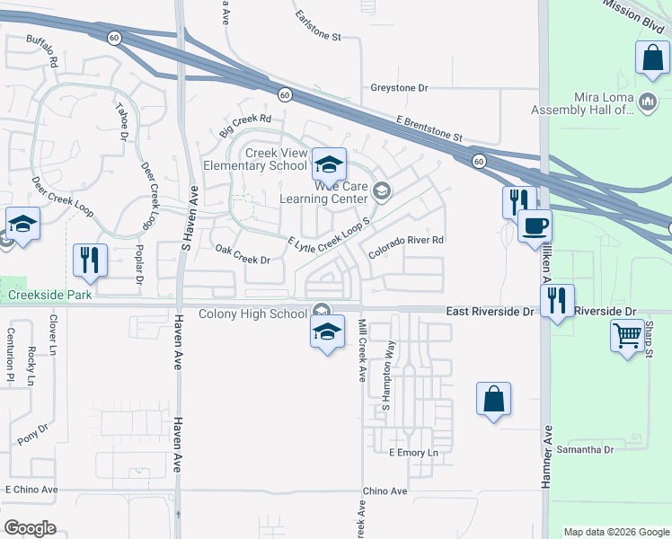 map of restaurants, bars, coffee shops, grocery stores, and more near 2906 Snow Creek Lane in Ontario