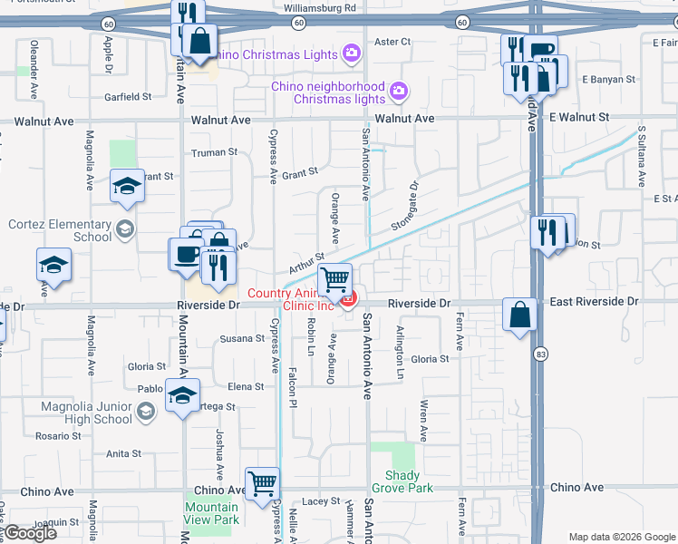 map of restaurants, bars, coffee shops, grocery stores, and more near 6650 Mogano Drive in Chino