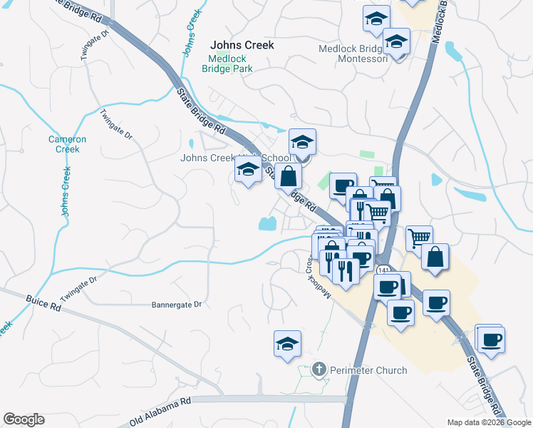 map of restaurants, bars, coffee shops, grocery stores, and more near 9780 Preswicke Point in Alpharetta