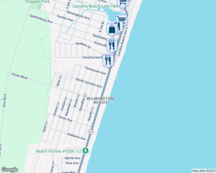 map of restaurants, bars, coffee shops, grocery stores, and more near 1225 Lake Park Boulevard South in Carolina Beach