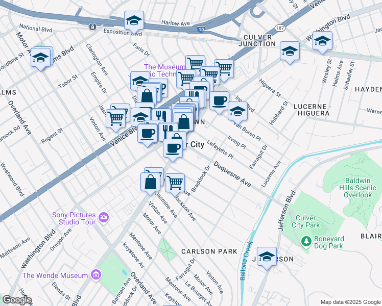 map of restaurants, bars, coffee shops, grocery stores, and more near 4025 Duquesne Avenue in Culver City