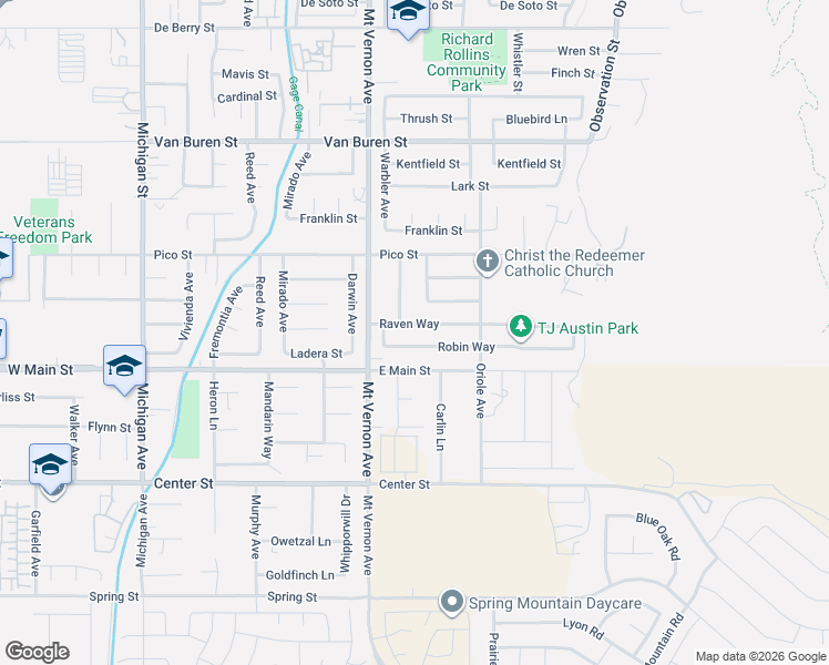 map of restaurants, bars, coffee shops, grocery stores, and more near 22579 Raven Way in Grand Terrace
