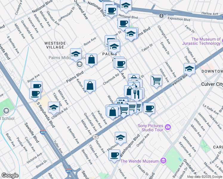 map of restaurants, bars, coffee shops, grocery stores, and more near 3637 Glendon Avenue in Los Angeles