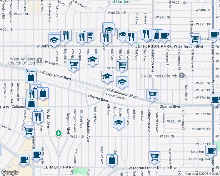 map of restaurants, bars, coffee shops, grocery stores, and more near 2619 West Exposition Place in Los Angeles