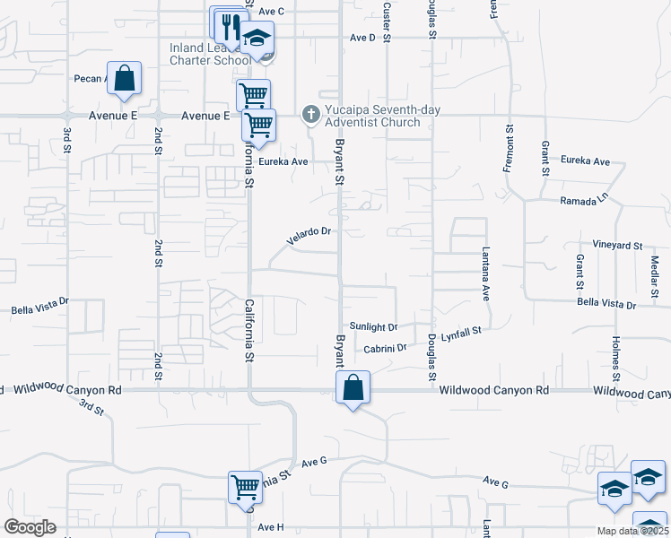 map of restaurants, bars, coffee shops, grocery stores, and more near 35289 Mountain View Street in Yucaipa