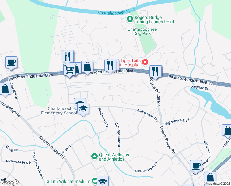 map of restaurants, bars, coffee shops, grocery stores, and more near 2885 Towne Village Drive Northwest in Duluth
