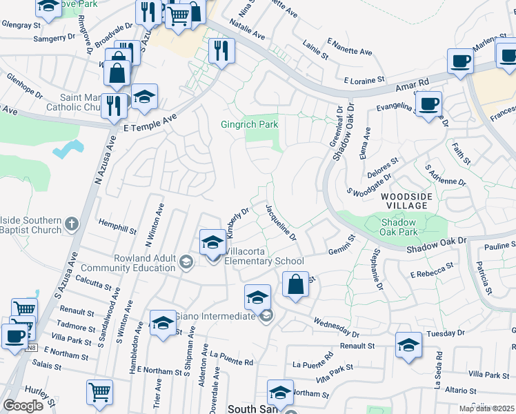 map of restaurants, bars, coffee shops, grocery stores, and more near 1733 Kam Court in West Covina