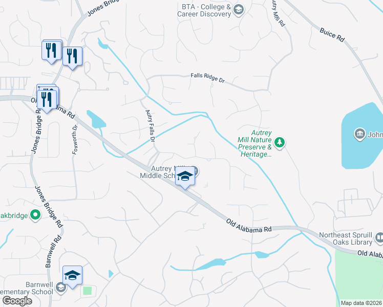 map of restaurants, bars, coffee shops, grocery stores, and more near 100 Windlake Cove in Alpharetta