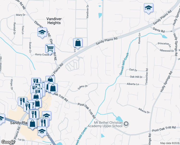 map of restaurants, bars, coffee shops, grocery stores, and more near 2978 Sloans Way in Marietta
