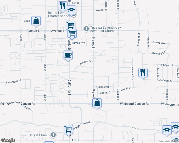 map of restaurants, bars, coffee shops, grocery stores, and more near 35264 Mountain View Street in Yucaipa