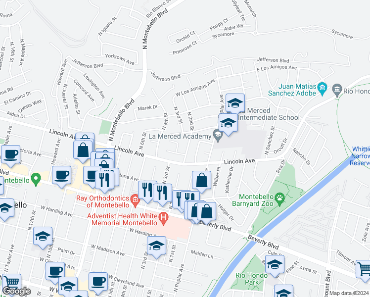 map of restaurants, bars, coffee shops, grocery stores, and more near 725 North 2nd Street in Montebello