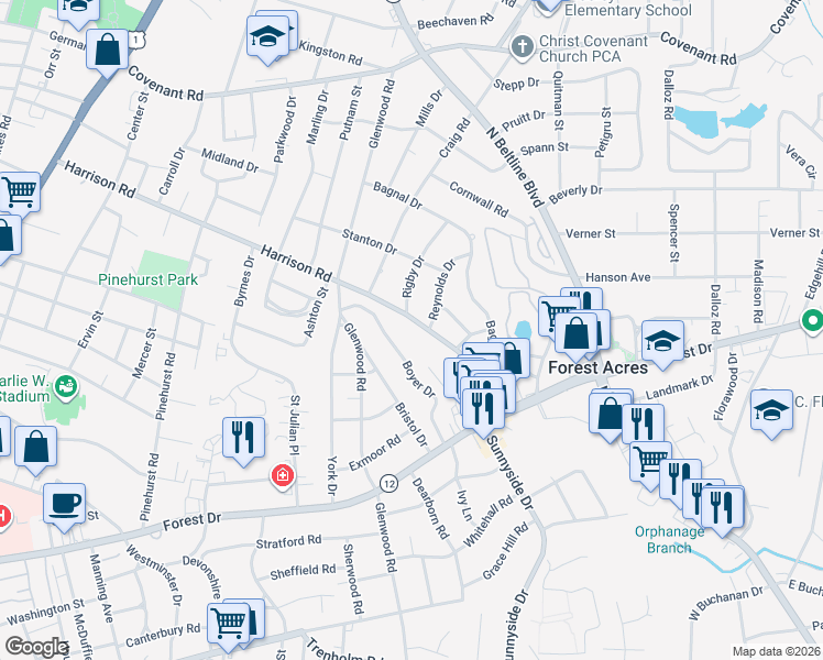 map of restaurants, bars, coffee shops, grocery stores, and more near 1822 Boyer Drive in Columbia