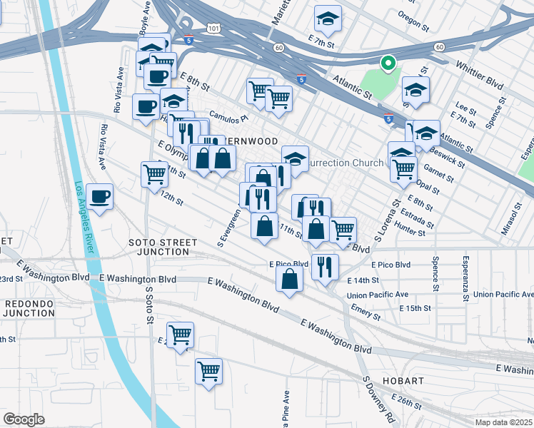 map of restaurants, bars, coffee shops, grocery stores, and more near 3050 East 11th Street in Los Angeles
