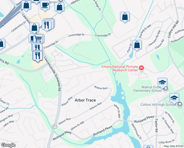 map of restaurants, bars, coffee shops, grocery stores, and more near 2598 Falcon Nest Court in Suwanee