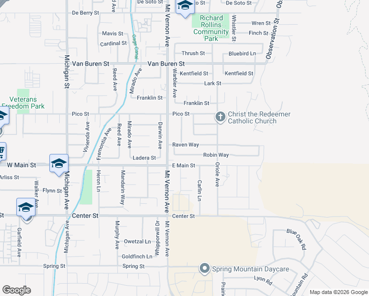 map of restaurants, bars, coffee shops, grocery stores, and more near 22567 Raven Way in Grand Terrace