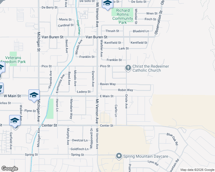 map of restaurants, bars, coffee shops, grocery stores, and more near 22567 Raven Way in Grand Terrace