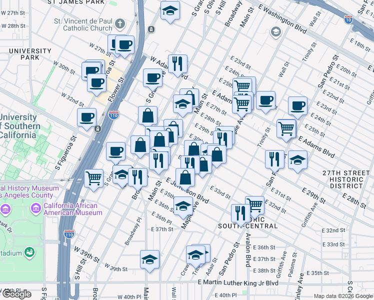 map of restaurants, bars, coffee shops, grocery stores, and more near 125 East 32nd Street in Los Angeles