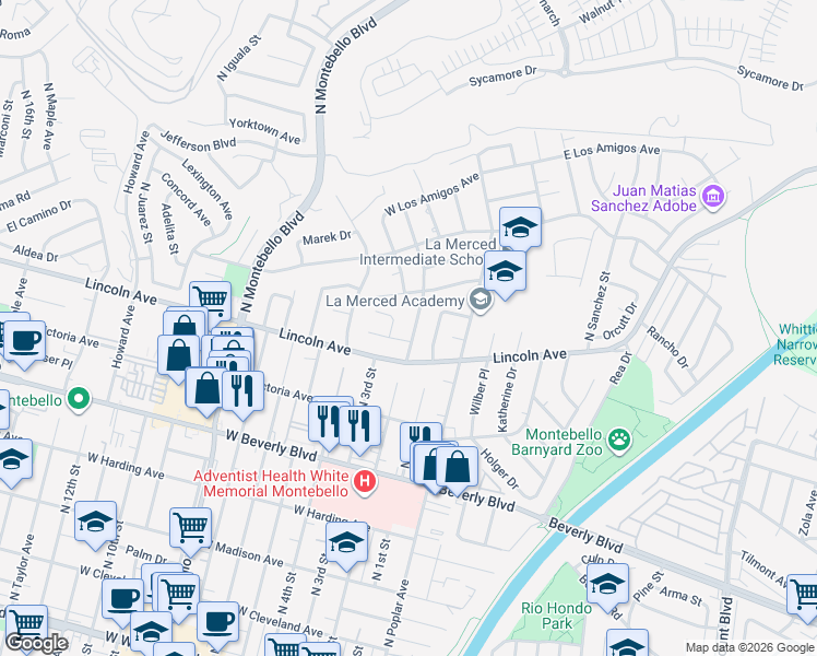 map of restaurants, bars, coffee shops, grocery stores, and more near 725 North 2nd Street in Montebello