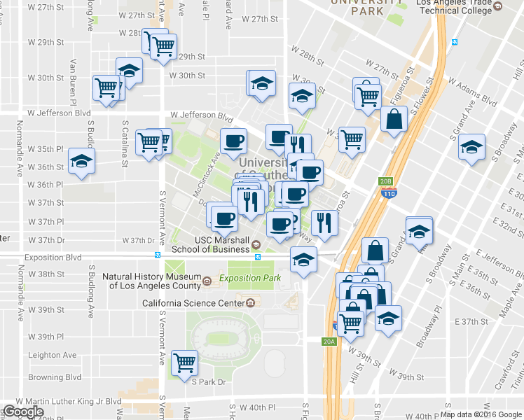 map of restaurants, bars, coffee shops, grocery stores, and more near 3607 Trousdale Parkway in Los Angeles