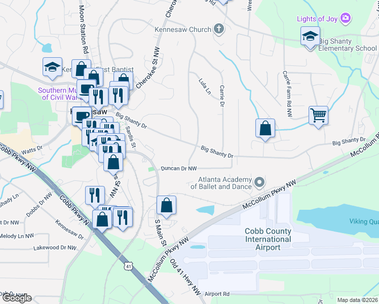 map of restaurants, bars, coffee shops, grocery stores, and more near 1940 Duncan Drive Northwest in Kennesaw