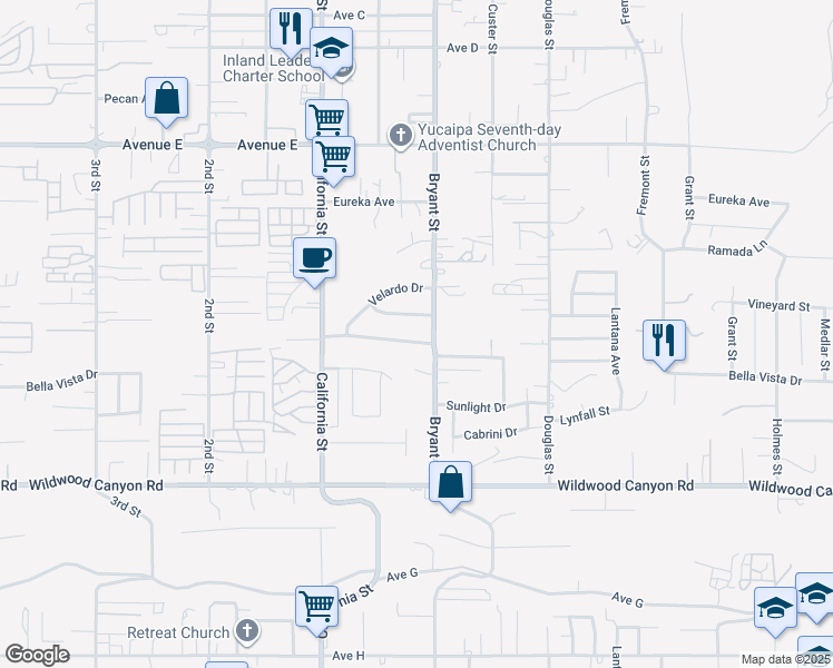 map of restaurants, bars, coffee shops, grocery stores, and more near 35264 Mountain View Street in Yucaipa