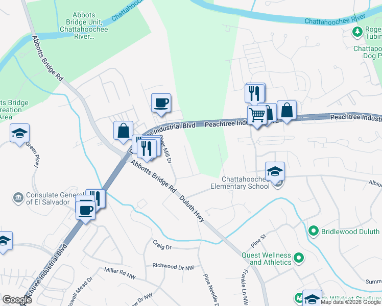 map of restaurants, bars, coffee shops, grocery stores, and more near 4185 River Shoals Court in Duluth