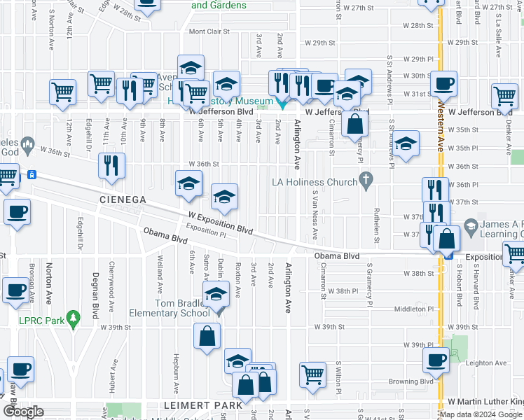 map of restaurants, bars, coffee shops, grocery stores, and more near 3680 3rd Avenue in Los Angeles