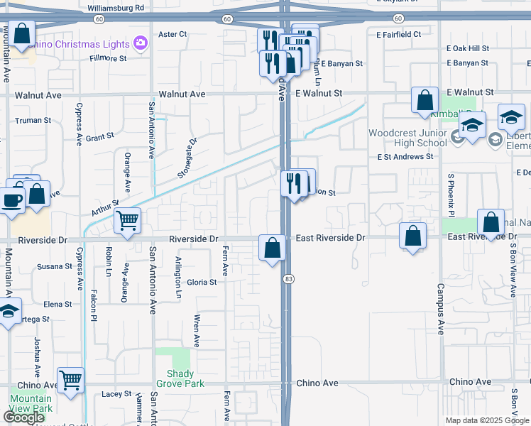 map of restaurants, bars, coffee shops, grocery stores, and more near 2980 South Euclid Avenue in Ontario