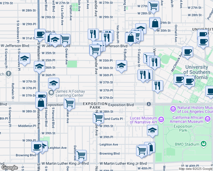 map of restaurants, bars, coffee shops, grocery stores, and more near 1348 West 37th Place in Los Angeles