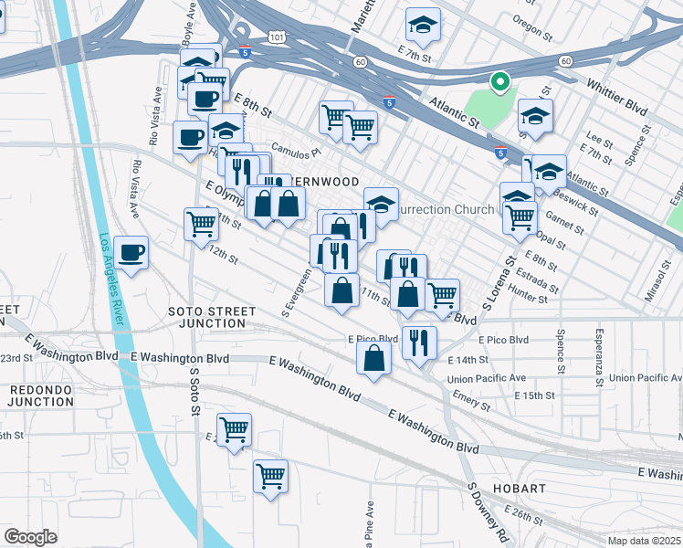 map of restaurants, bars, coffee shops, grocery stores, and more near 3050 East 11th Street in Los Angeles