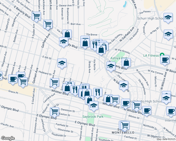 map of restaurants, bars, coffee shops, grocery stores, and more near 413 Brady Avenue in Montebello