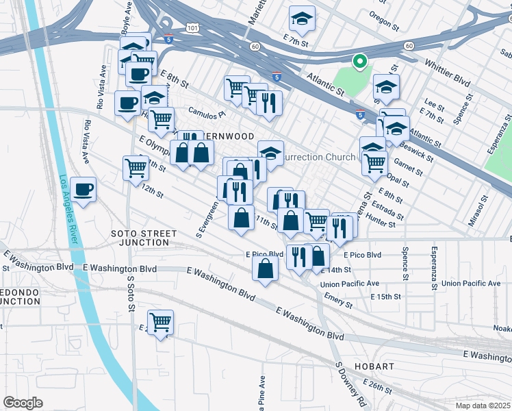 map of restaurants, bars, coffee shops, grocery stores, and more near 3100 East Olympic Boulevard in Los Angeles